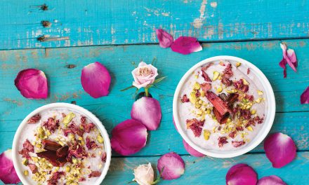 Blue Corn Polenta with Rose-roasted Rhubarb