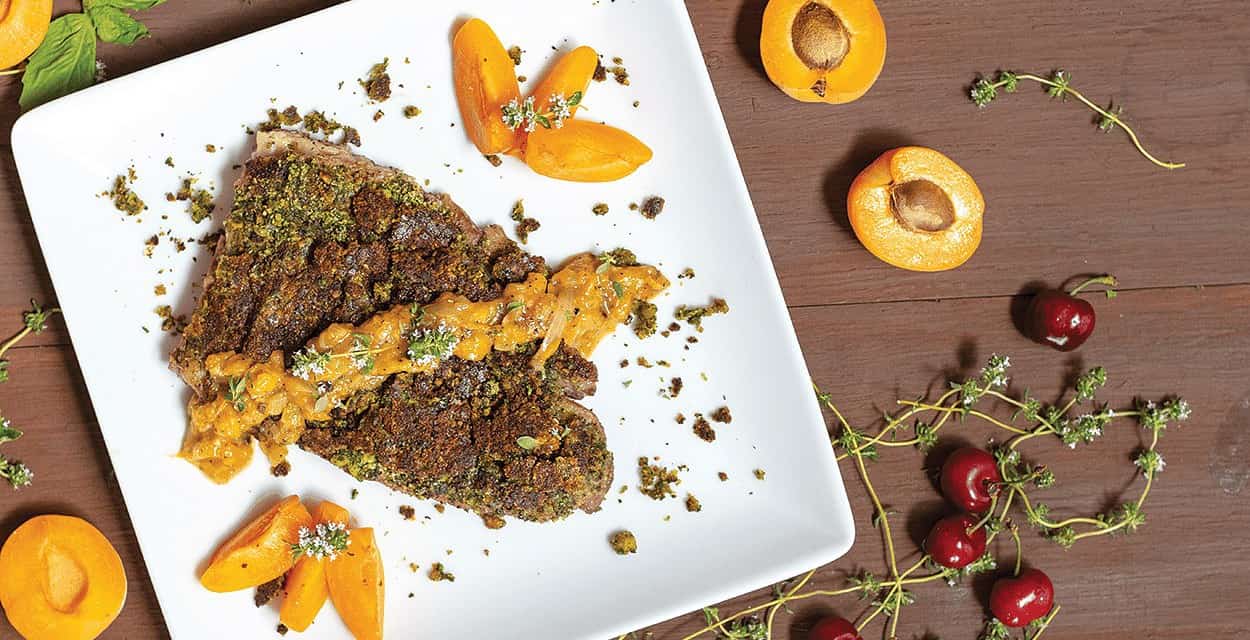Basil and Pistachio Crusted Lamb with Apricot Reduction