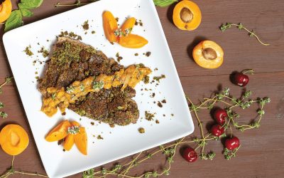 Basil and Pistachio Crusted Lamb with Apricot Reduction