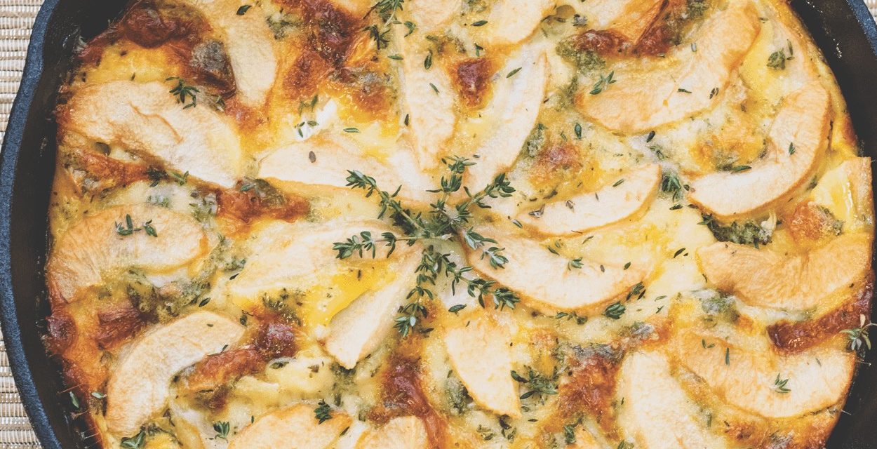 Pear, Bourbon, Thyme,  and Brie Clafoutis