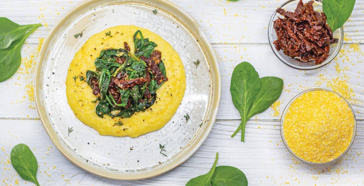Breakfast Polenta with Sun-Dried Tomatoes and Spinach