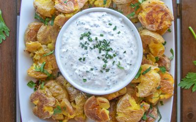 CRISPY SMASHED  POTATOES WITH CHIVE DIP