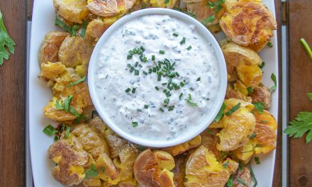 CRISPY SMASHED  POTATOES WITH CHIVE DIP