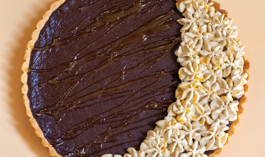 Dark Chocolate Pot de Crème Tart with Espresso Whipped Cream and Salted Caramel