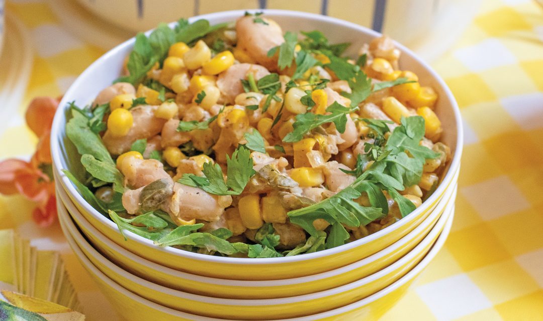 Charred Corn with White Beans  and Lime Crema