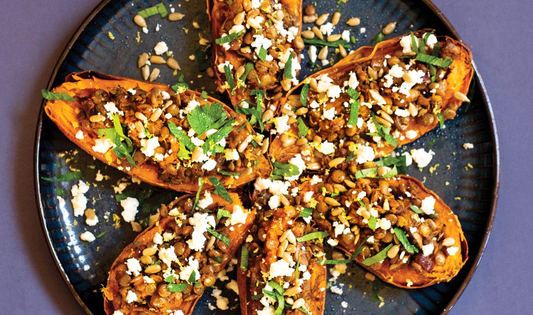 Loaded Sweet Potatoes with Harissa, Lentils, and Mushrooms